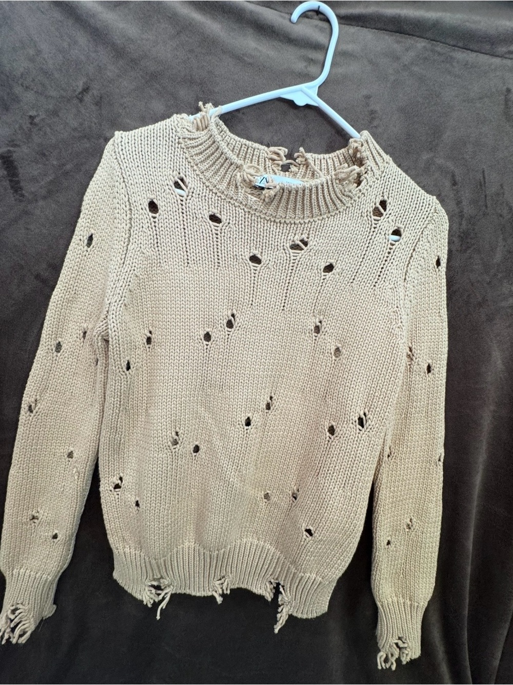 Women's Distressed Crewneck Sweater in Beige